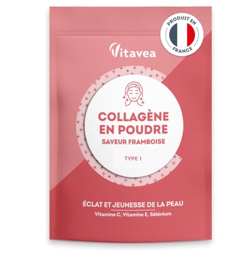 Collagène Poudre Saveur Framboise - 6800mg par jour - Peptides Hydrolysés Types 1 - 2000 Da - Eclat & Jeunesse de la Peau - Hautement biodisponible - Fabriqué en France - Vitavea