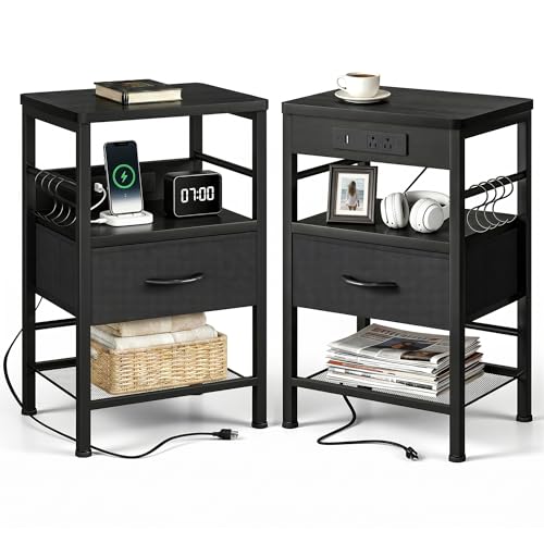 Lazzanto Nightstands Set of 2 with Charging Station, Bedside Tables with Open Shelf & Hooks, End Tables with USB-C USB-A Ports AC Outlets, Night Stand for Bedroom with Fabric Drawer, Black
