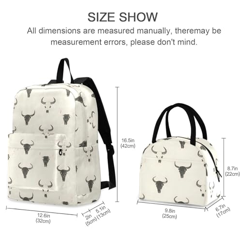 Backpack Lunch Bag Set Bison Skull Retro Print, Big Storage Travel Backpacks with Insulated Lunch Box for Office Hiking Picnic2