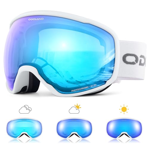 Odoland Photochromic Ski Goggles for Sunny and Cloudy Days, Anti-Fog OTG UV Protection Snowboard Goggles for Men Women Youth Blue S2 - S3 (Vlt 36%-14%)