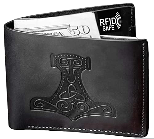 Genuine 100% Real Leather Handmade Wallet -Wallet for Men - Viking Accessories Men Nordic Gifts Thor Mjolnir Hammer Embossed Wallet - Mens Wallets Bifold Leather - RFID Blocking Black Leather Wallet km