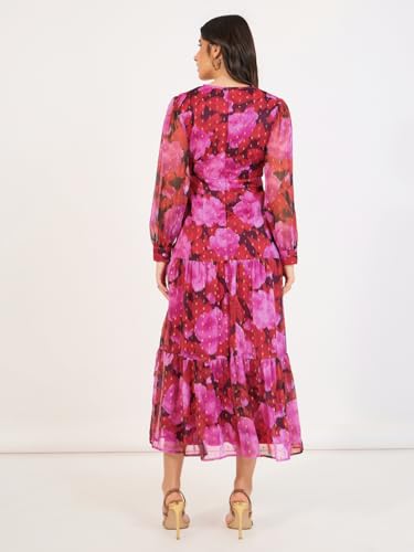 Image of Styli Women'S Floral Print V-Neck Cuff Sleeves Tiered Maxi Dress | Flattering V-Neck, Elegant Cuffed Sleeves, Flowing Tiered Silhouette. Perfect for Smart-Casual Occasions