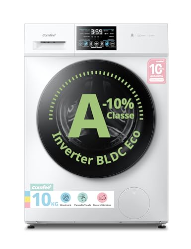 COMFEE' Lavatrice 10 kg Classe A-10% 1400 Giri Motore Inverter Silenzioso | Vapore Igienico, Wool, Lavaggio Rapido e Pannello Touch per Famiglie Numerose e Grandi Carichi di Bucato CFP03EW100W-IT