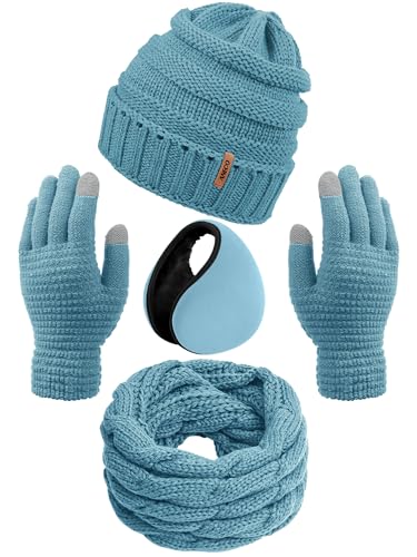 Aneco Winter Warm Sets Knitted Scarf Beanie Hat Touch Screen Gloves and Winter Ear Warmer for Men or Women