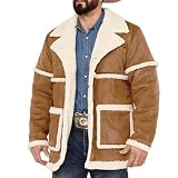 Muscularfit Mens Shearling Leather Coat Vintage Long Sleeve Faux Suede Sherpa Lined Sheepskin Pea Jackets Collar Outwear Coat Leather Jacket for Men Khaki XL