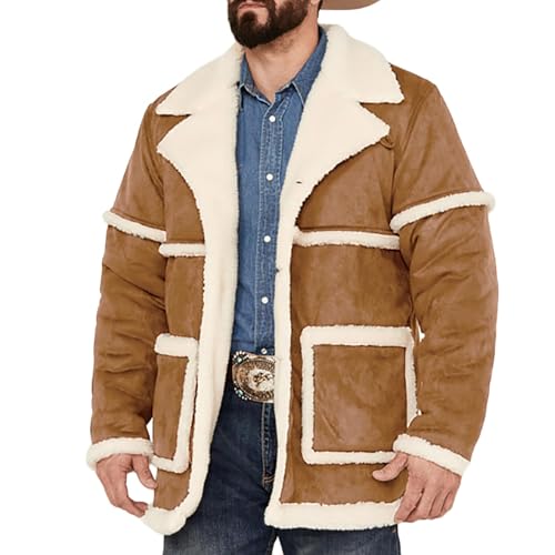 Muscularfit Mens Shearling Leather Coat Vintage Long Sleeve Faux Suede Sherpa Lined Sheepskin Pea Jackets Collar Outwear Coat
