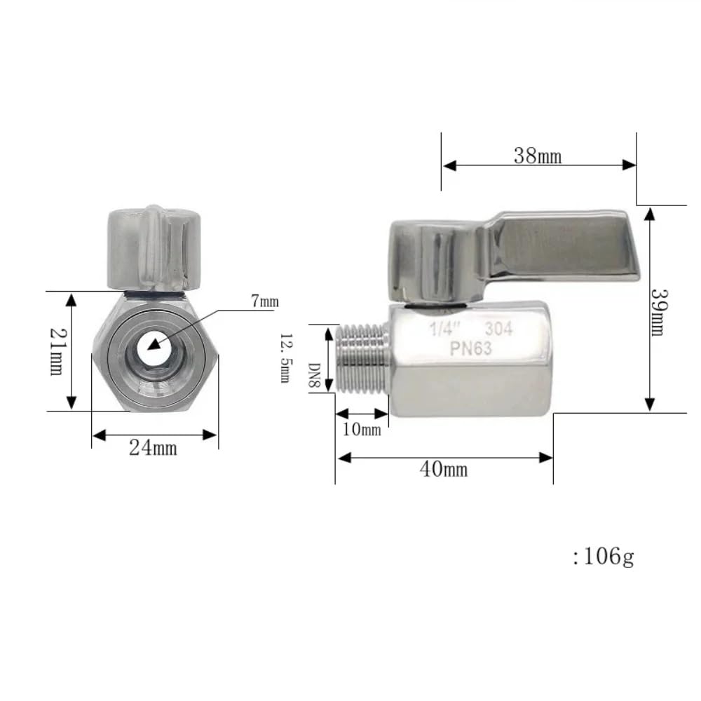 Toplionace 10 Pezzi Mini Valvola a Sfera G1/4 Filettatura femmina/maschio DN8 Valvola | 10 Valvole a Sfera Mini in Acciaio Inox 304 con Filettatura femmina/maschio G1/4 e Leva Manuale DN8
