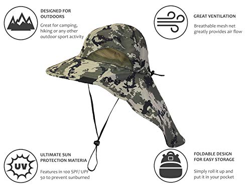 Camo Mens Sun Hat Wide Brim Safari Hunting Military Jungle Desert Cap With Neck Flap, Digital Green #TOP1