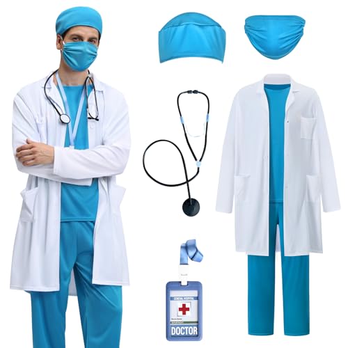 BuzzoXerex Arzt Kostüm Herren, Chirurg Kostüm Herren Karneval Doktor Outfit Erwachsene Set mit Arztkittel, Doktorhut, Arztmaske, Oberteil, Hose und Stethoskop für Karneval Halloween (XXL)
