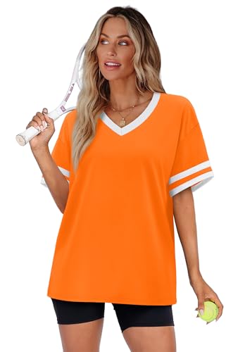 Image of WIHOLL Womens T Shirts Loose Fit Short Sleeve Tees V Neck Color Block Summer Tops 2026 Fashion S-4XL