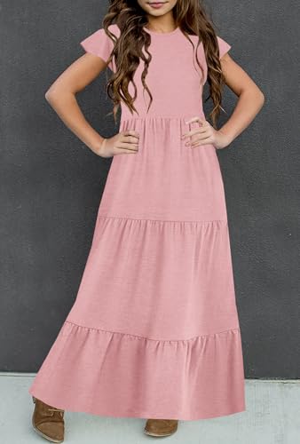 HOSIKA Girls Summer Casual Ruffle Short Sleeve Crewneck Aline Flowy Tiered Beach Maxi Sundress with Pockets for 6-12 Y3