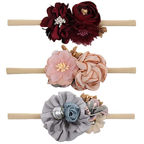 VOBOBE Baby Girl Nylon Headbands Infant Flower Elastic Hair Band Bows Wraps For Newborn Toddler Hair Accessories Pack of 3, Flower Td006, Medium
