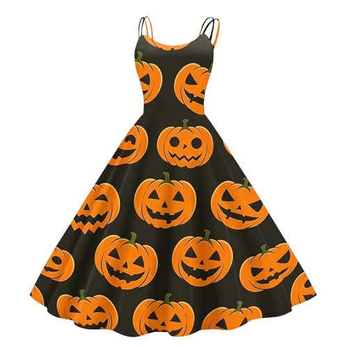Robe retro sans manches pour femme avec motifs citrouilles et fantomes