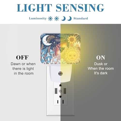 Image of Boho Moth Mushroom Night Light for Kids, Sun and Moon With Faces LED Night Light Plug into Wall with Dusk to Dawn Sensor for Girls Boys Women Men Room, Hallway, Kitchen, Bathroom, Stairs Decor