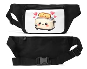 Schattige lachende broodrooster met gelukkig brood unisex heuptas zwart