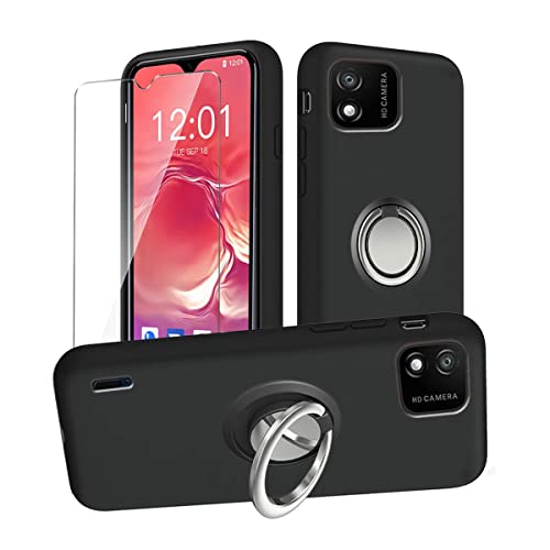 QFSM Coque pour Wiko Y62 Plus + Verre trempé + Anneau de Support, Etui Housse Silicone Black Souple TPU Cover Case et 9H Dureté Durable Verre écran Glass Film Protection Noir Cover