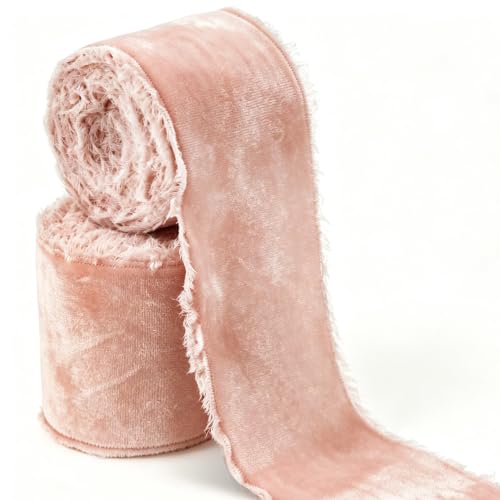 RIBBOOO 2 Rolls Light Pink Velvet Ribbon 3 Inch Handmade Fringe Frayed Silk Velvet Ribbon Raw Edge Silk Velvet Ribbon for Wreaths Flower Bouquet Dress Sash Baby Shower Wedding Decor - 6 Yards