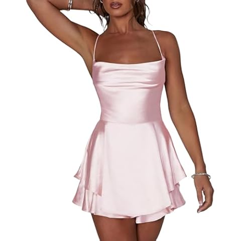 Aopwsrlyi Women Sexy Backless Short Romper Dress Satin Cowl Neck Ruffle Mini Dress Sleeveless Tie Up Spaghetti Strap Jumpsuit (Pink, S) Cover