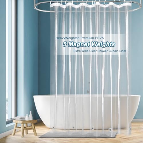 EurCross 96 inch Wide Shower Curtain Liner Clear, 100% Waterproof Heavy Duty Clear Shower Liner Mildew Resistant with 3 Magnets and 16 Plastic Hooks, Transparent, 96 X 72 inch