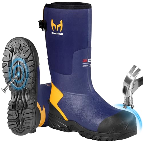 Steel Toe Work Boots for Men 0°F–20°F Cold Weather with Xerogel Thermal Lining, Waterproof Rubber Boots Lightweight Insulated for Farming, Construction, Gardening, Fishing, Outdoor Work 10 B