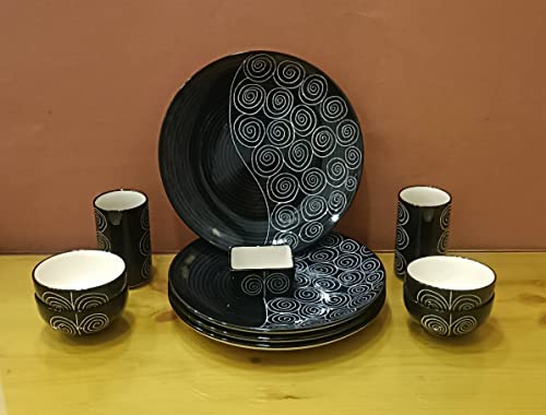 caffeine premium stoneware Handmade Black Doodle Combo Dinner Set (Set of 11)pcs