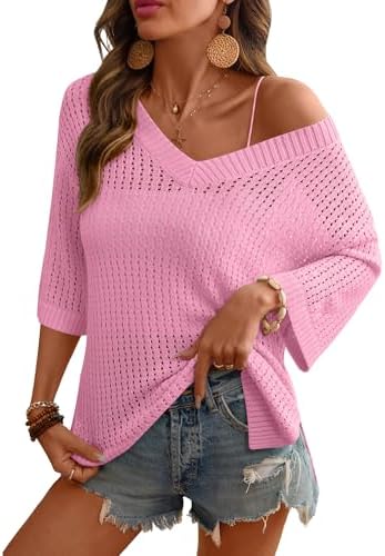 Rapbin Women's Crochet V Neck Beach Cover Up 3/4 Sleeve Hollow Ou...