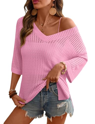 Image of Rapbin Women's Crochet V Neck Beach Cover Up 3 /4 Sleeve Hollow Out Knitted Pullover Sweater