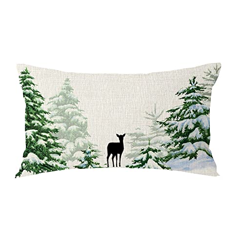 FELENIW Merry Christmas Pine Cedar Trees Reindeer Snow for Holiday Lumbar Decorative Throw Pillow Cover Cushion Case Cotton Linen for Bed Sofa Holiday Outdoor 12x20inches