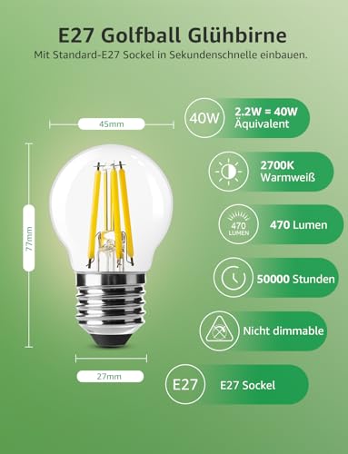 Lepro Energieklasse A E27 LED Warmweiss, 2.2W 470LM 2700K Glühbirne – Ansicht 5