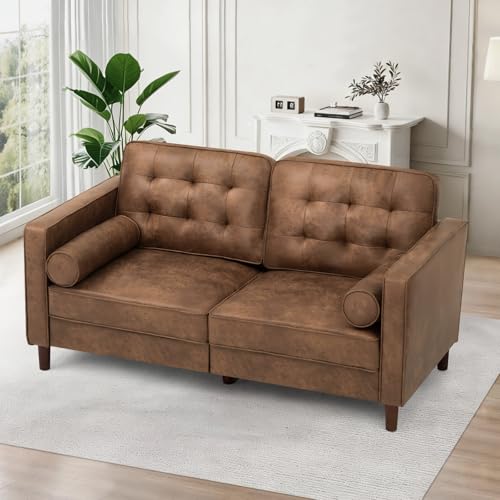 Image of 67 inch Suede Leather 2-seat Sofa with Two Bolster Pillows, Brown | Tufted Loveseat with Wooden Legs, Morden Sofa Suitable for Living Room, Office