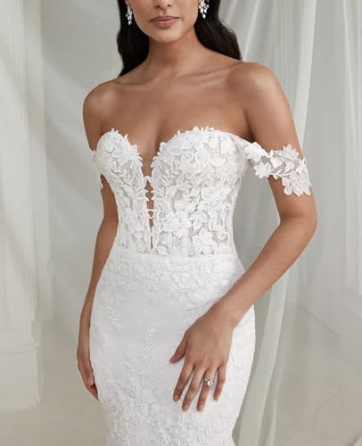 Women's Mermaid Wedding Dresses for Bride Detachable Off The Shoulder Straps Lace Applique Bride Dress with Train4
