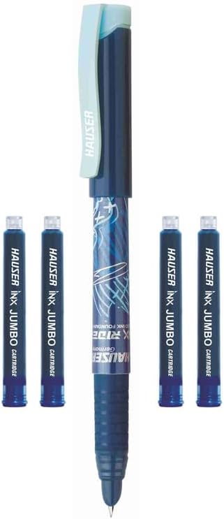 Hauser Inx Rider Fountain Pen | Smooth Cushioned Nib With Iridium Tip | Comfortable Rubber Grip | Blue Ink, Pack Of 4 - Body Color May Vary