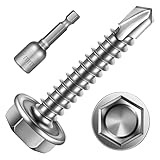Mywish 200Pcs #8×1" Self Tapping Screws, 410 Tek Stainless Steel Self-Tapping Screws, Hex Washer Head Self Drilling Screws, A-Metal Screws (#8X1, Silver)