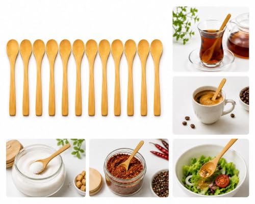 Kaşık Seti Doğal Bambu Mini Ahşap Servis ve Karıştırma Kaşığı – Baharat, Bal, Reçel, Sos, Tatlı ve Kahve için 12 Adet, Kahverengi