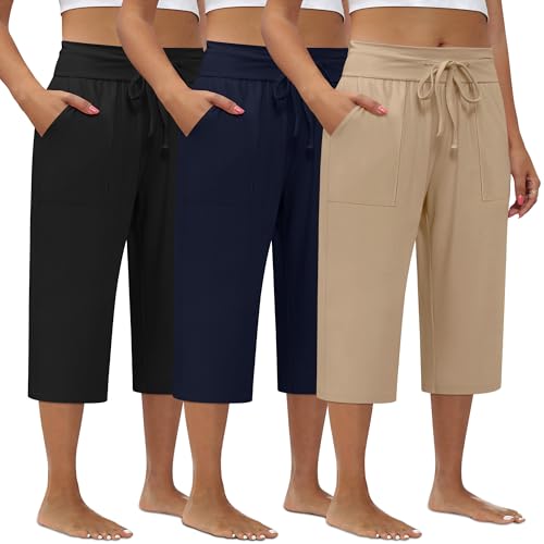 3 Pack Women's Plus Size Capri Pants, Cotton Drawstring Capris Sweatpants Casual Summer Cropped Pants with Pockets