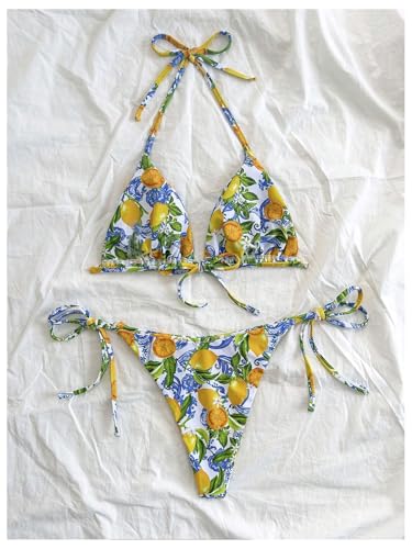 GORGLITTER Women's High Waisted Thong Bikini Set Lemon Graphic Halter Triangle Top Swimsuit Bathing Suit2