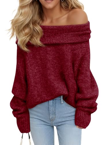 Saodimallsu Womens Off The Shoulder Sweaters Long Sleeve Slouchy Knitted Casual Loose Fall Trendy Pullover Tops Wine Red