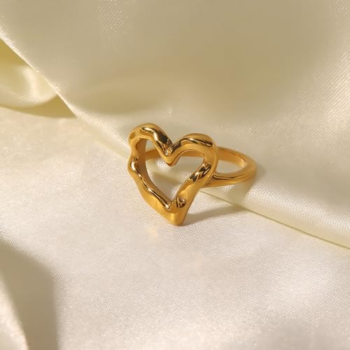 Loqimu Irregular Hammered Hollow Heart Rings Gold Stainless Steel Statement Rings For Women Teen Girls Minimalist Stackable Midi Rings Size 6 7 8 Wedding Finger Jewelry thumb #2