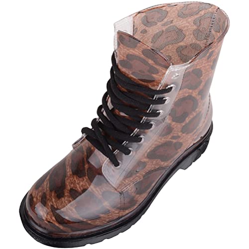 ABSOLUTE FOOTWEAR Damen Gummistiefel, wasserdicht, Schnürung, Leopardenmuster, Chelsea, Regen, Wasser, Winter, Gummistiefel, hautfarben, 39 EU