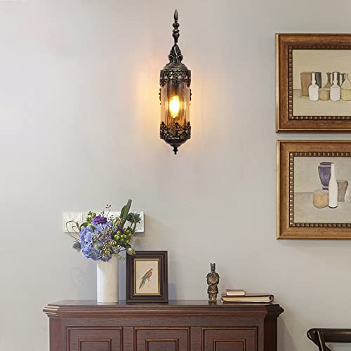 Image of Vintage Wall Sconce with Amber Glass, Rustic Black Brushed Gold Farmhouse Wall Light Fixture, Antique Gothic Decorative Metal Wall Lamp for Hallway, Bedroom, Living Room, Entryway
