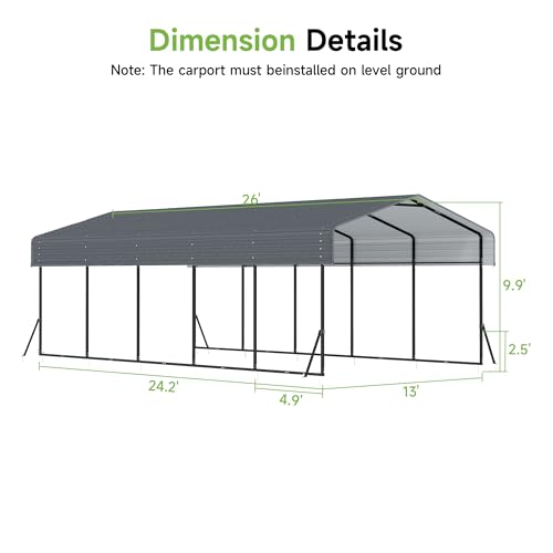 Image of Heavy Duty Metal Carport, 13x26FT Carport Canopy with Galvanized Steel Roof and Reinforced Frame, 2 Support Rods, Outdoor Garage Car Shelter Shade for Cars, Boats and Truck, Party, Gray