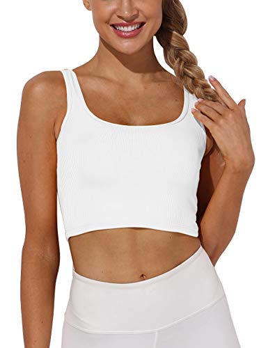HyMeYou Womens Sports Bra Workout Padded Crop Tank Top Yoga Running Fitness Shirts Longline Camisole White