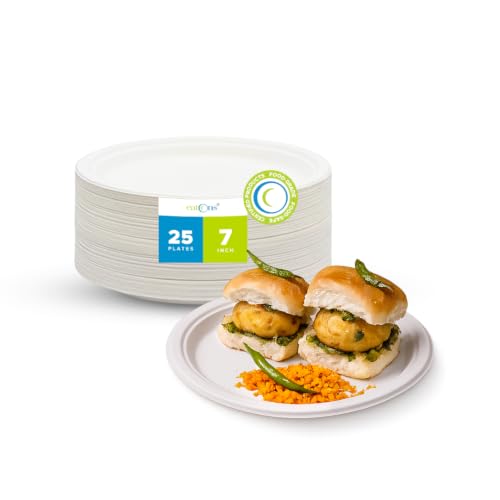 Image of EATONS 7 inch Bagasse Disposable Plates [25 Pack] I Eco Friendly Biodegradable Sugarcane Paper Plates | Appetizer Plate I Quarter Plate I Serve Snacks I Birthday, Wedding, Party I Round I White