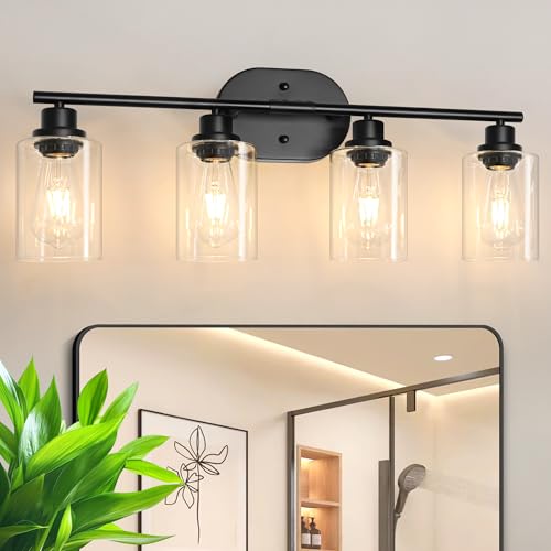 Image of Unicozin Bathroom Light Fixtures, 4 Light Vanity Lights for Bathroom, Black Wall Lamp with Clear Glass for Mirror, Living Room, Hallway, Cabinet, E26 Base