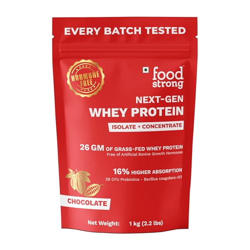 Image of Foodstrong Next-Gen Whey Protein Isolate + Concentrate, 100% Hormone Free Grass-Fed Whey, 26G Protein, Chocolate (Cacao), With Turmeric, Probiotics & Natural Digestive Enzymes For Easy Digestion, 1KG