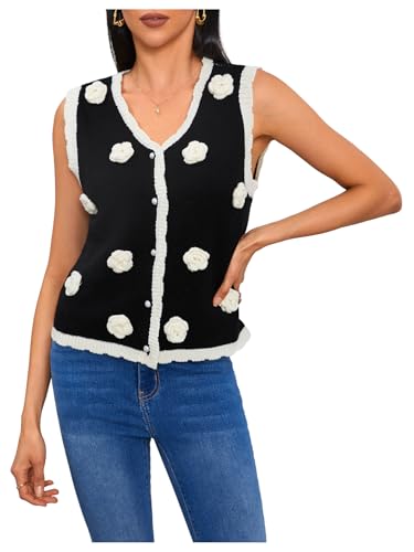 Image of MakeMeChic Women's 3D Floral Pearls Crochet V Neck Button Down Sleeveless Sweater Vintage Vest Knitwear Black Small