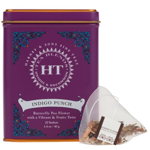 Image of Harney & Sons Indigo Punch Butterfly Pea Flower Herbal Tea, 20 Sachets | Butterfly pea flower herbal tea with raspberry, lemon, apple and honey flavors. Naturally caffeine free.