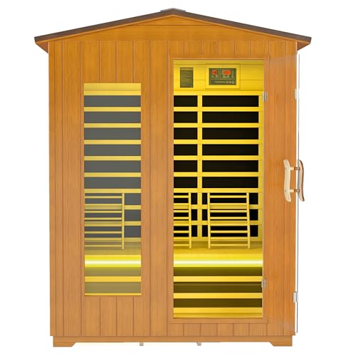 Real Relax Outdoor Sauna, 3 Person Infrared Saunas for Home, 2830w Low Emf Far Infrared Sauna Spruce Wooden Sauna Room with Chromotherapy Lamp, Bluetooth Speakers, 10min Rapid Preheating 3 P