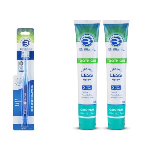 Brilliant Oral Care Bundle; Pack of 1 Adult Toothbrush with Soft Bristles and Round Head - Blue & Pack of 2 Toothpaste Gel with Xylitol, Fluoride Free - Original Flavor