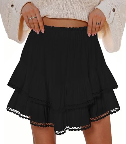 Flowy Shorts for Women Summer Casual Lace Skorts Boho High Waist Tiered Ruffle Mini Skirts Black S